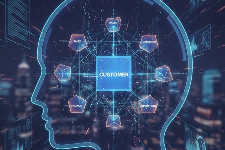 Representación visual de un modelo de datos para Business Intelligence con nodos interconectados de ventas, marketing y finanzas en un entorno digital estratégico.
