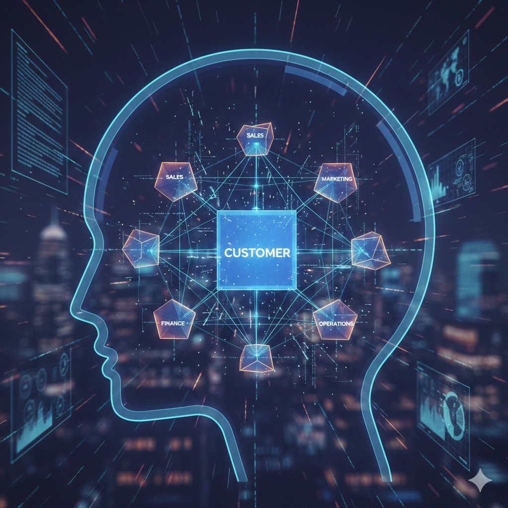 Representación visual de un modelo de datos para Business Intelligence con nodos interconectados de ventas, marketing y finanzas en un entorno digital estratégico.